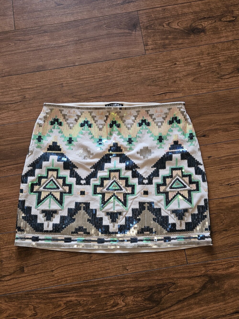Express Sequin Embellished Geometric Mini Skirt - White & Teal